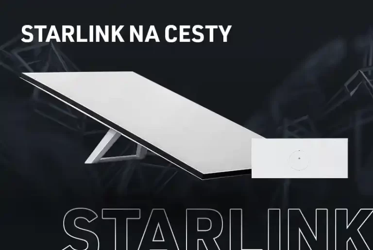 Satelitní anténa Starlink na černém pozadí – ideální pro přenosný internet na cesty