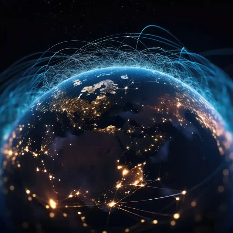 Planeta ve vesmíru obklopená satelity Starlink.