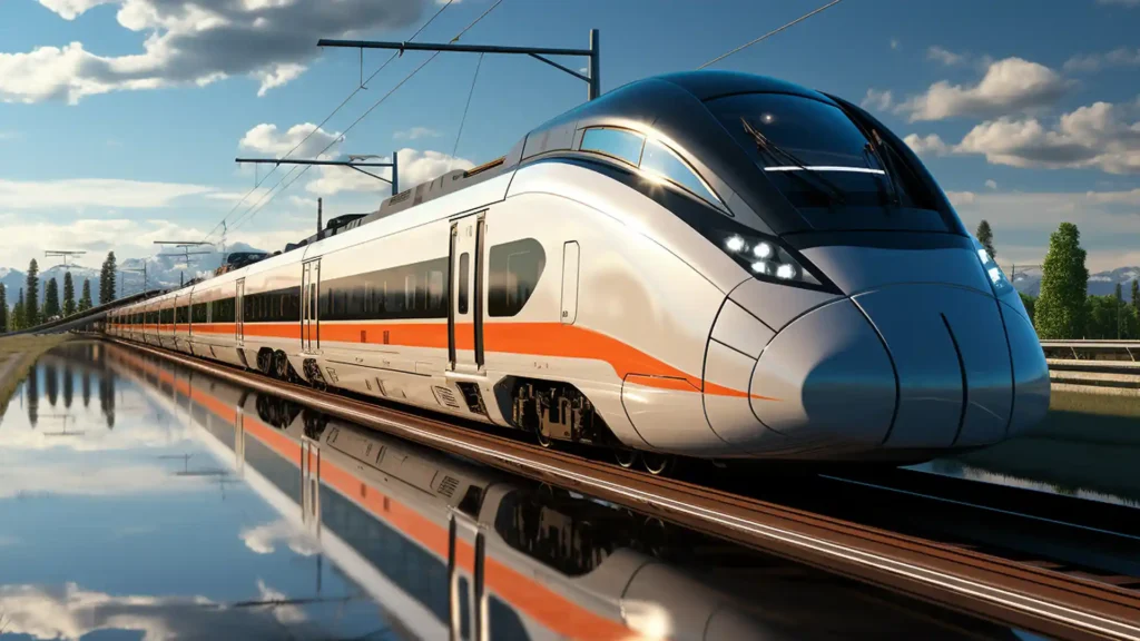 Moderní vysokorychlostní vlak projíždějící krajinou za slunečného dne, odrážející se na hladině vody.