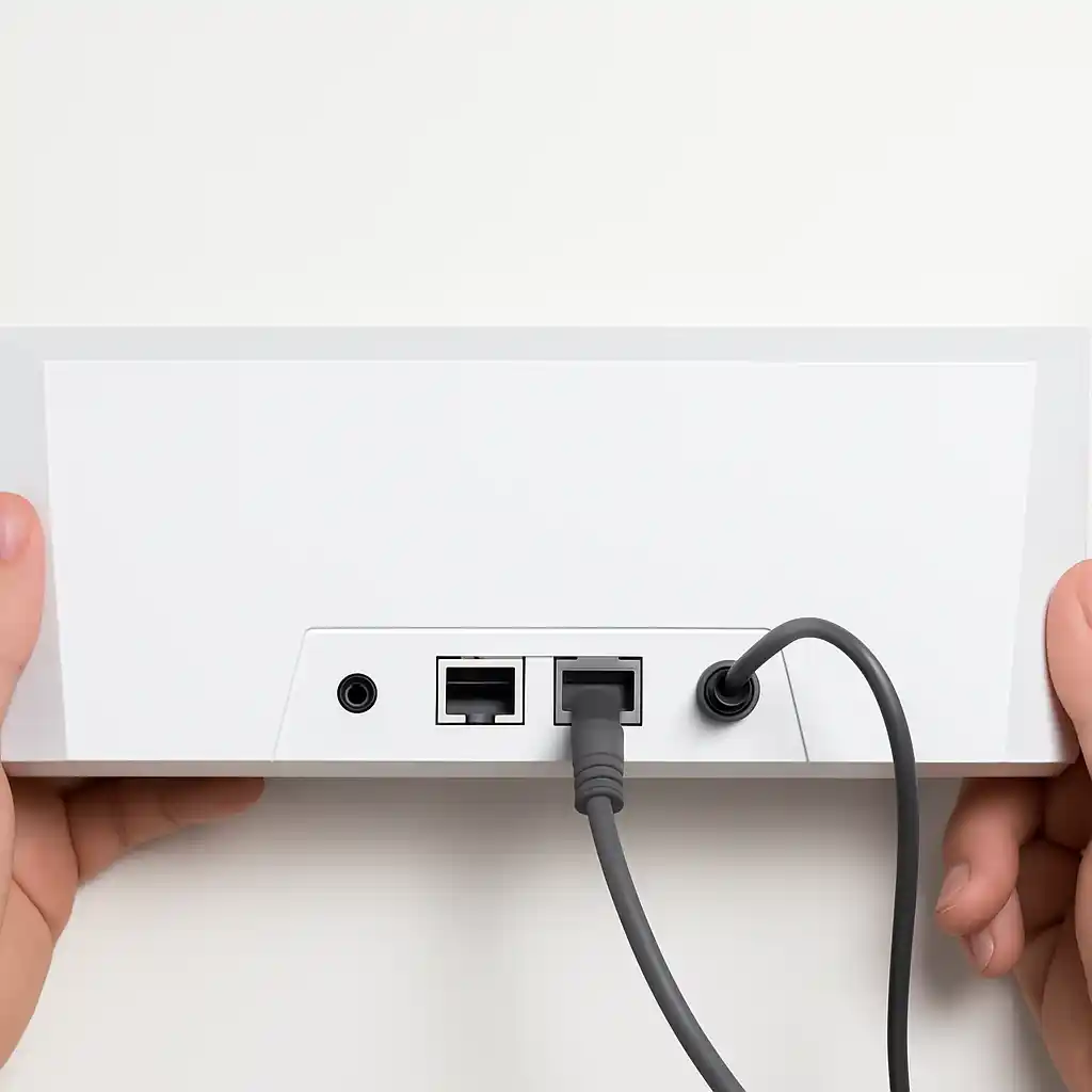 Zadní strana bílého routeru Starlink, dvě ethernetové porty, napájecí kabel a ruce držící zařízení.