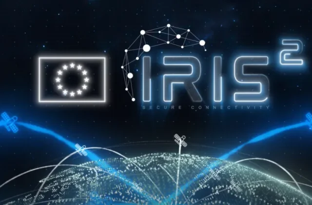 Logo a vizualizace evropského satelitního komunikačního systému IRIS² pro bezpečné propojení přes satelity.