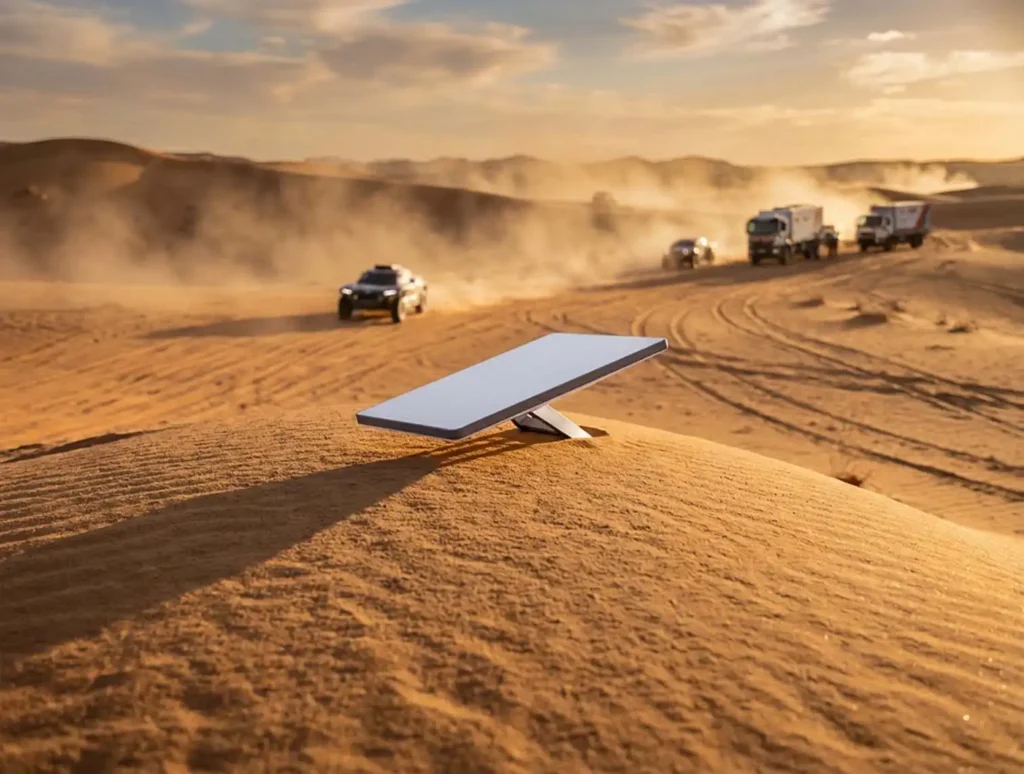 Satelitní internet Starlink Mini v poušti během offroad expedice, zajišťující stabilní připojení i v odlehlých oblastech bez signálu
