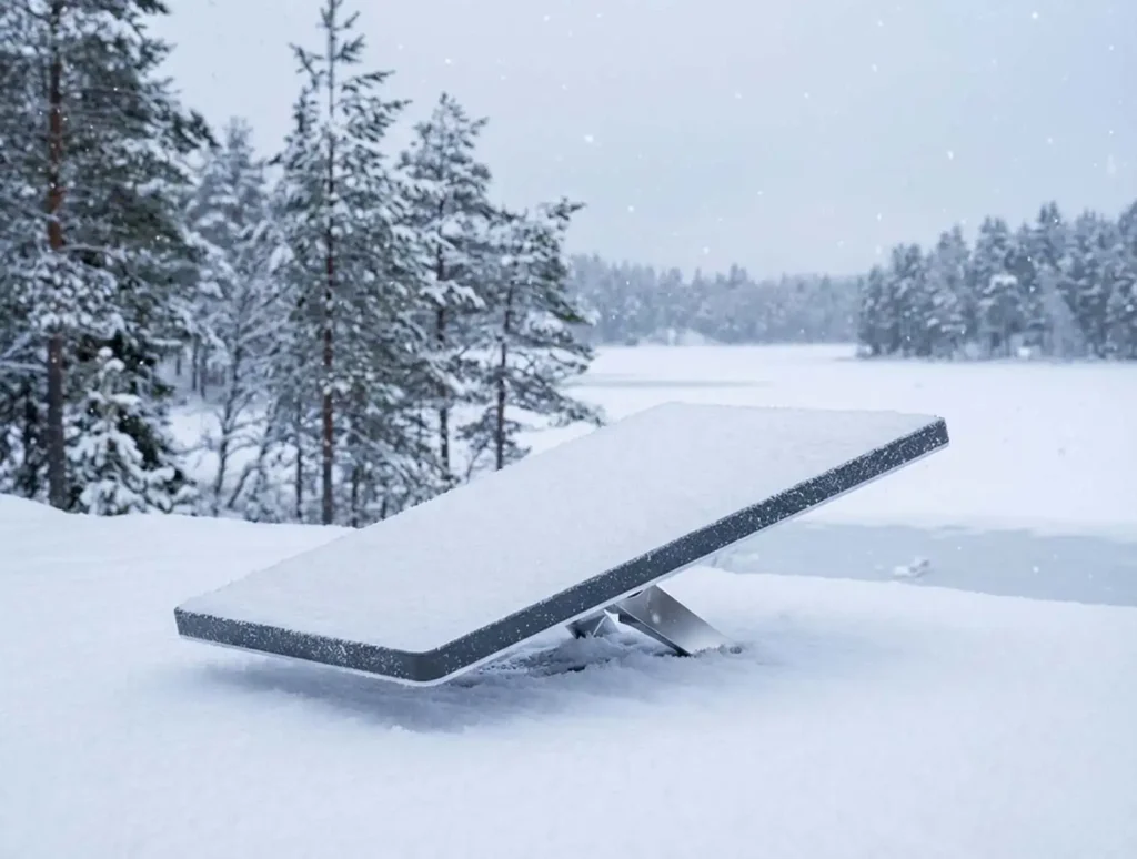 Starlink Mini antenna pokrytá sněhem na stojanu u zasněženého jezera v zimním lese, demonstruje odolnost vůči sněhu a mrazu pro mobilní internet.