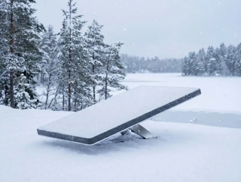 Starlink Mini antenna pokrytá sněhem na stojanu u zasněženého jezera v zimním lese, demonstruje odolnost vůči sněhu a mrazu pro mobilní internet.